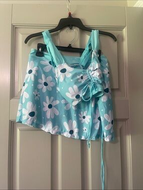 Women’s Aqua Floral Two-Piece Swim Set with Skirt